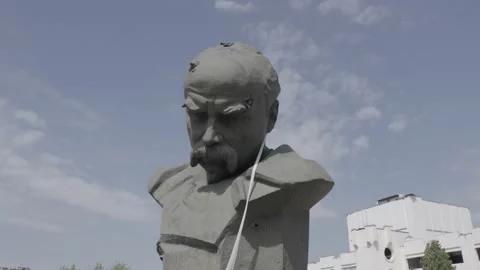 Consequences of the war in Ukraine - shot monument to Taras Shevchenko Stock Footage 195651858