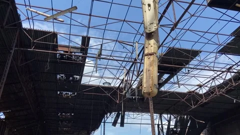 Consequences of the war, a warehouse destroyed by shells in the Kyiv region Stock Footage 246489273