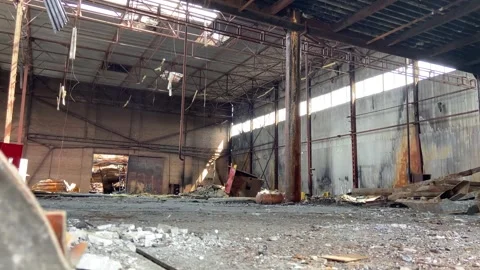 Consequences of the war, a warehouse destroyed by shells in the Kyiv region Stock Footage 246589597