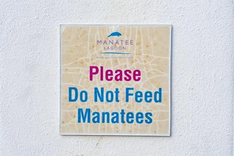 Conservation Call: "Please Do Not Feed Manatees" Warning Sign at Manatee Lagoon Stock Photos