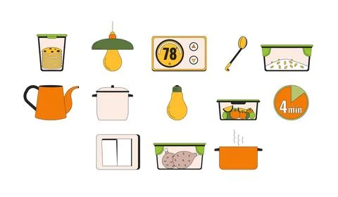 Conserving energy at household 2D linear cartoon objects set Stockillustratie