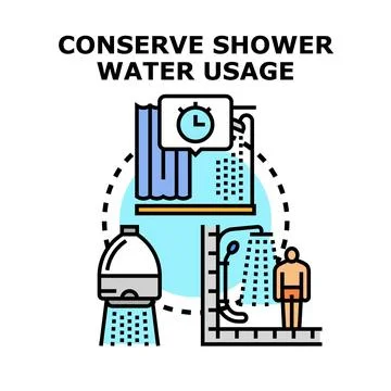 Conserving shower water usage for sustainability concept Stock Illustration