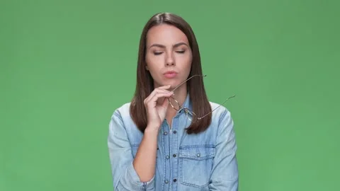 Consider lady think deep job tasks no answer isolated green color background Stock Footage 166044883