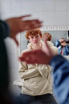 Considering Reflection in Bathroom Mirror for Self Discovery Stock Photos