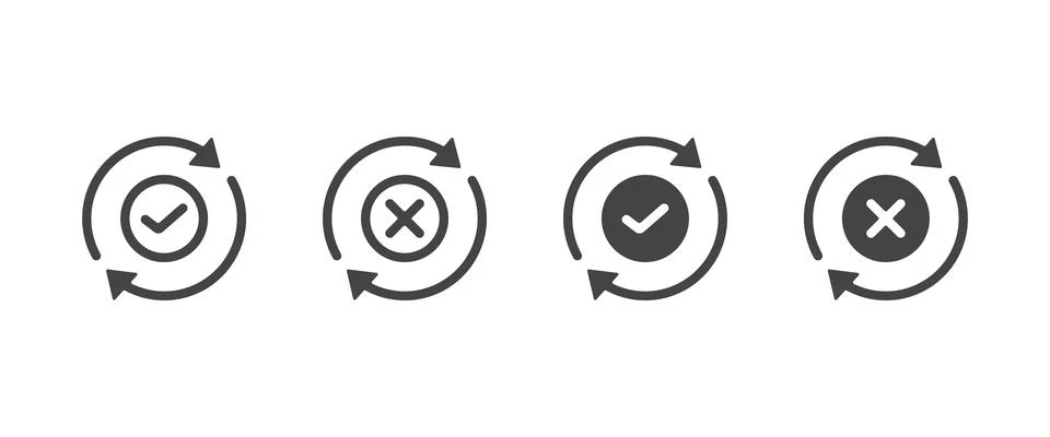 Consistency and synchronization icon set with check mark and cross symbols. Stock Illustration