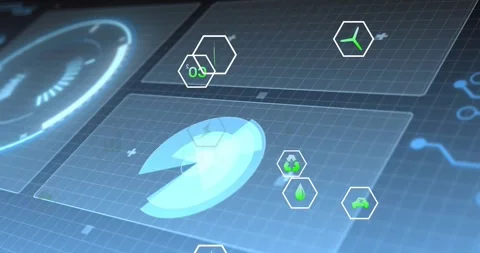 Console activating green hex icons emerging around rotating blue pie chart Stock Footage 318143299
