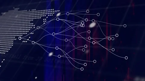 Console code starting node network reshaping over dotted globe, nodes moving, Stock Footage 332746966