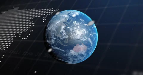 Console code starting scrolling and fading as 3D globe rotating and shifting map Stock Footage 310140441