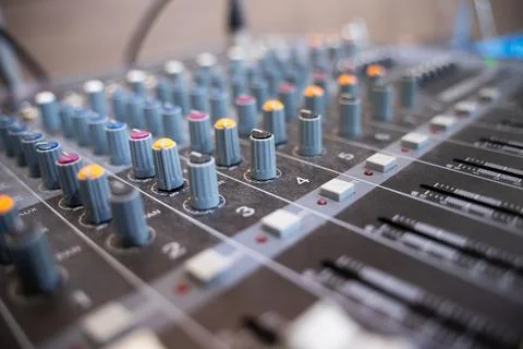 The console control panel of a large hi-fi system. audio equipment Closeup .. Stock Photos