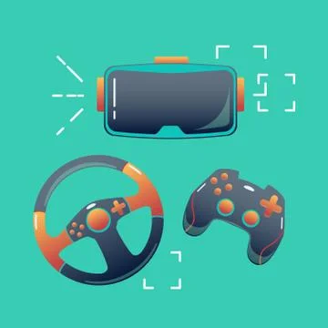 Console eSports set on the background of VR glasses, gamepad and wheel, vector Stock Illustration
