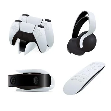 Console game accessories element vector next gen controller, headset, remote  Illustrazione stock
