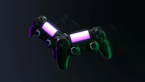 Console gamepads concept 3d illustration. Neon violet and green lights Stock Illustration