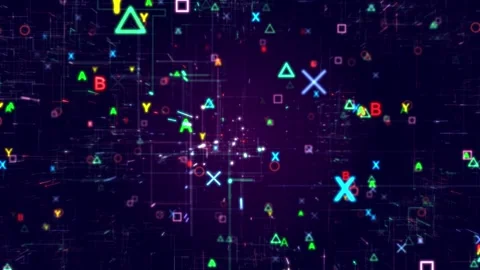 Console gaming background: Video game elements alongside PC icon design Stock Footage 247678125