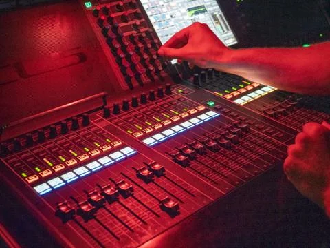 Console of lightment controling at concert Stock Photos