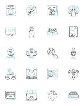 Console market linear icons set. Playstation, Xbox, Nintendo, Gaming, Hardware Illustrazione stock