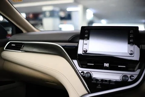 Console or dashboard or control panel of modern car at carpark Stock Photos