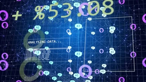 Console starting network graph pulsing and changing, AI nodes moving, numbers Stock Footage 334337767