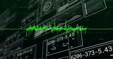 On console startup, green waveform pulsing and panels sliding updating codes for Stock Footage 317227592
