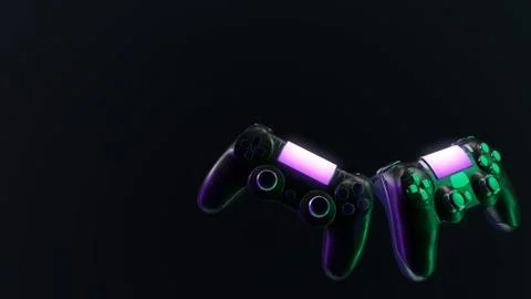 Console wireless gamepad concept 3d illustration. Neon violet and green Stock Illustration