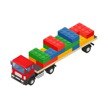 Consolidated freight. Isometric red large truck with trailer and plastic bric Stock Illustration