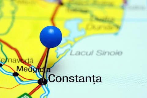 Constanta pinned on a map of Romania Stock Photos