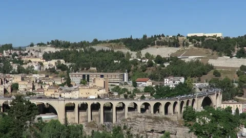 Constantine City Landscape With Long Arch Bridge Traffic Jam Stock Footage 155539816