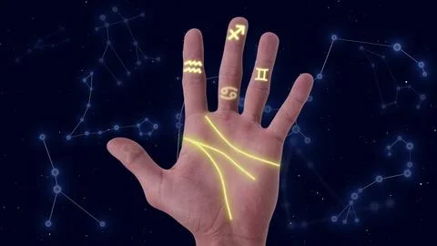 Constellation background with a palmistry hand Stock Photos