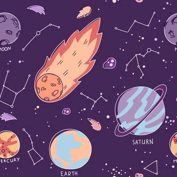Constellation planets seamless pattern, earth, moon, saturn, mercury, cartoon Stock Illustration
