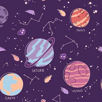 Constellation planets seamless pattern, earth, mars, saturn, venus, cartoon Stock Illustration