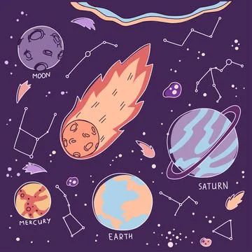 Constellation planets set, earth, moon, saturn, mercury, cartoon solar system Stock Illustration