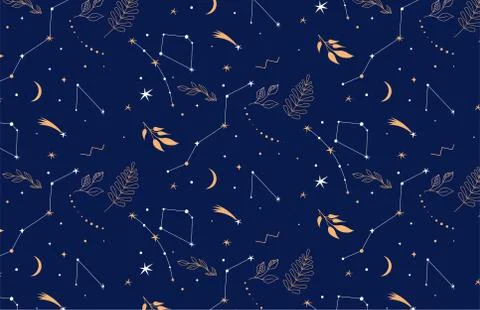 Constellations seamless pattern. Night background with stars, planents and Stock Illustration