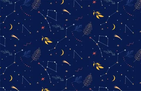 Constellations seamless pattern. Night background with stars, planents and Stock Illustration