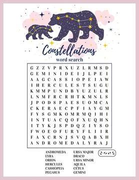 Constellations word search puzzle. Educational logic game. Stock Illustration
