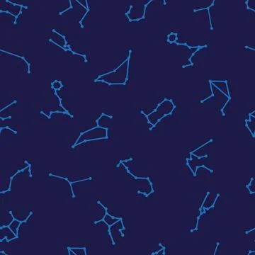 Constellations of zodiac signs seamless pattern on a dark blue background Stock Illustration