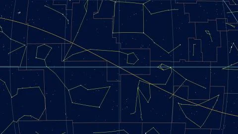 Constellations, Zoom of ecliptic view. Shapes, 0 RA Stock Illustration