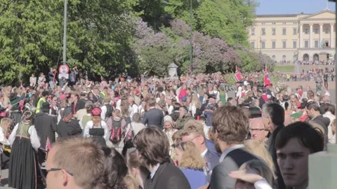 Constitution Day Celebrations Outside Oslo Royal Palace Stock-Footage 341676726