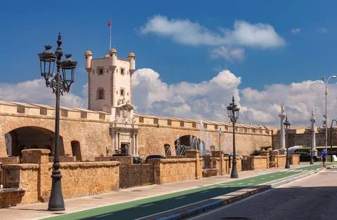 Constitution Square and the main gate in the city wall of Cadiz Stock Photos