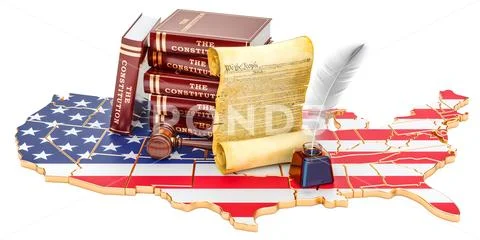 Constitution of the United States concept with map and flag, 3D rendering Stock Illustration