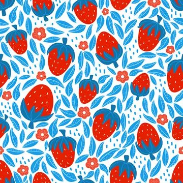 Constrast strwberry seamless pattern with blue and red colors on white Stock Illustration