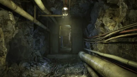 Constricted passageway featuring industrial elements and tense atmosphere Stock Footage 331397321