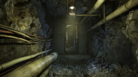 Constricted pathway with armored hatch and overhead illumination present Stock Footage 341569519