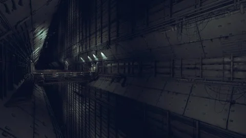 Constricted vessel compartment with riveted paneling and lighting Stock Footage 327707474