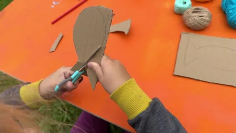 Construct a fish figure from cardboard, thread, and paint Stock Footage 320499388