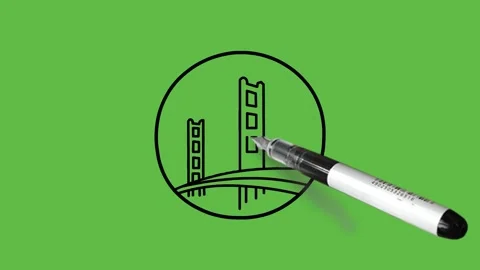 Construct tower over bridge in red, blue and white colour in black outline Видео 157604266