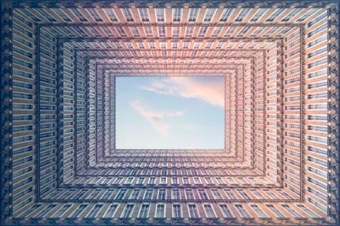 Constructed architecture, courtyard in the shape of a rectangle Stock Photos