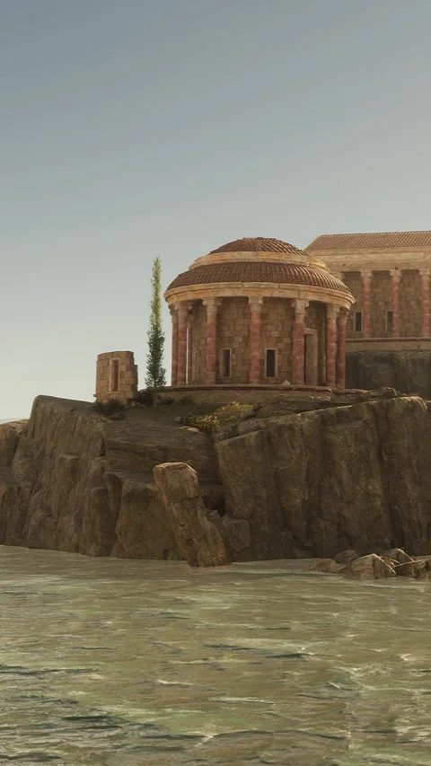Constructed building stands on rocky cliff near calm water under clear sky Stock Footage 339780573