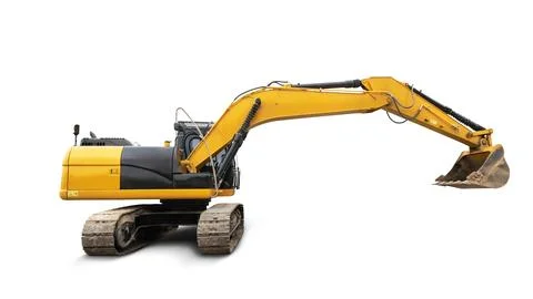 Constructed for efficiency, this excavator stands ready on a stark background Photos