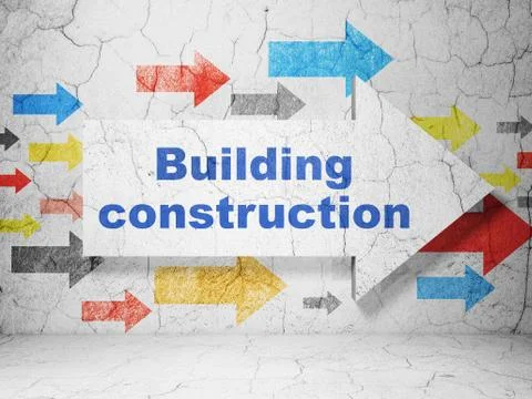 Constructing concept: arrow with Building Construction on grunge wall background Ilustración de archivo