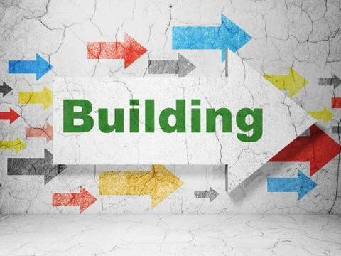 Constructing concept: arrow with Building on grunge wall background Stock Illustration
