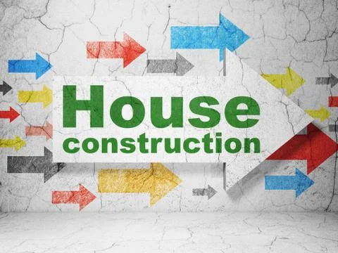 Constructing concept: arrow with House Construction on grunge wall background Ilustración de archivo